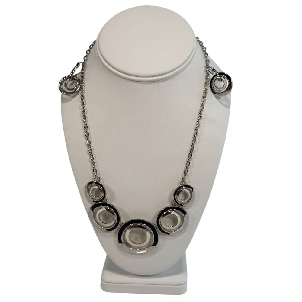 Vintage Silver Tone Geometric Circle Enamel Statement Bib Necklace & Earring Set - Picture 4 of 8